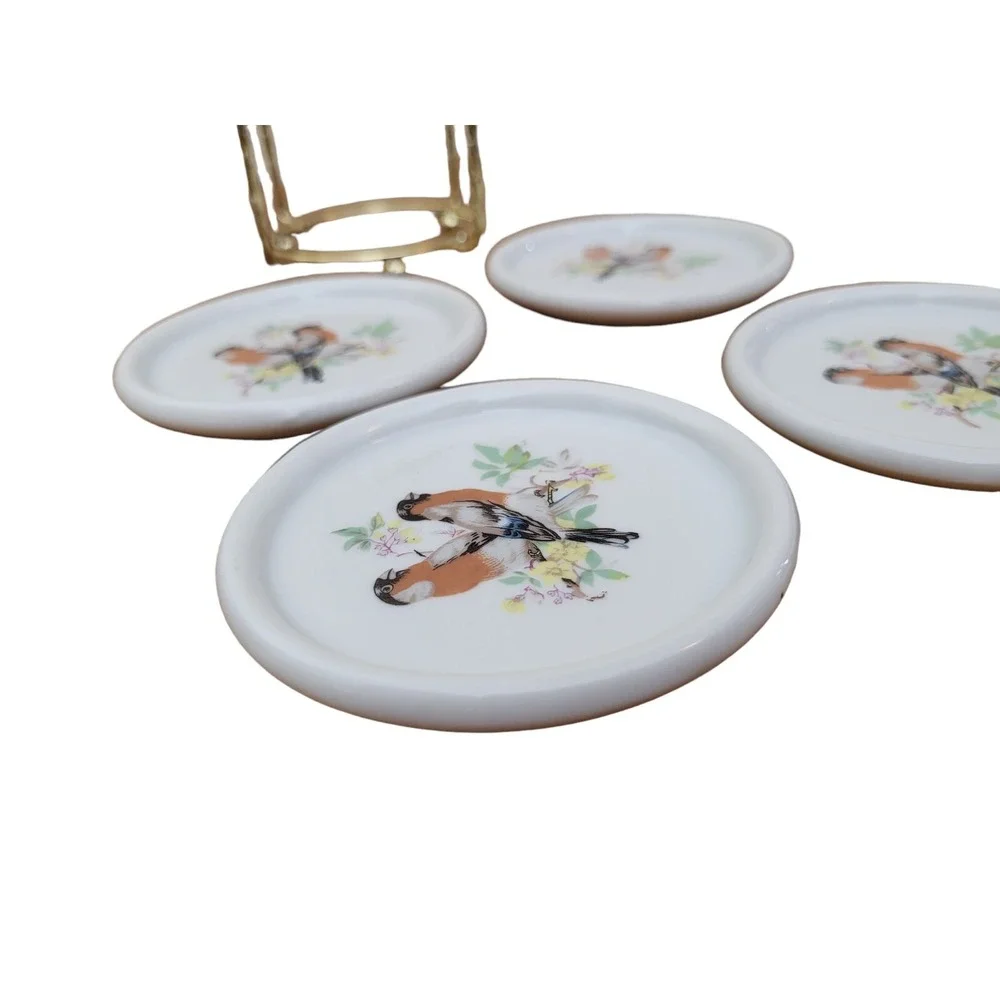 Set‎ of 4 Ceramic Porcelain Drink Coasters Vintage Birds Taiwan Carrying Caddy